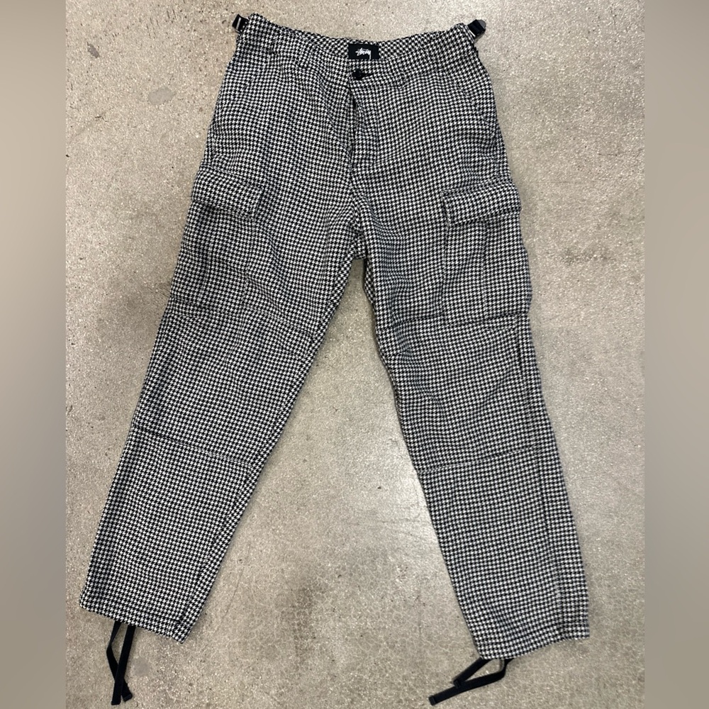 Stussy Cargo Trousers Sz29x28 Button Fly 100%Cotton Adjustable Sides Black/White